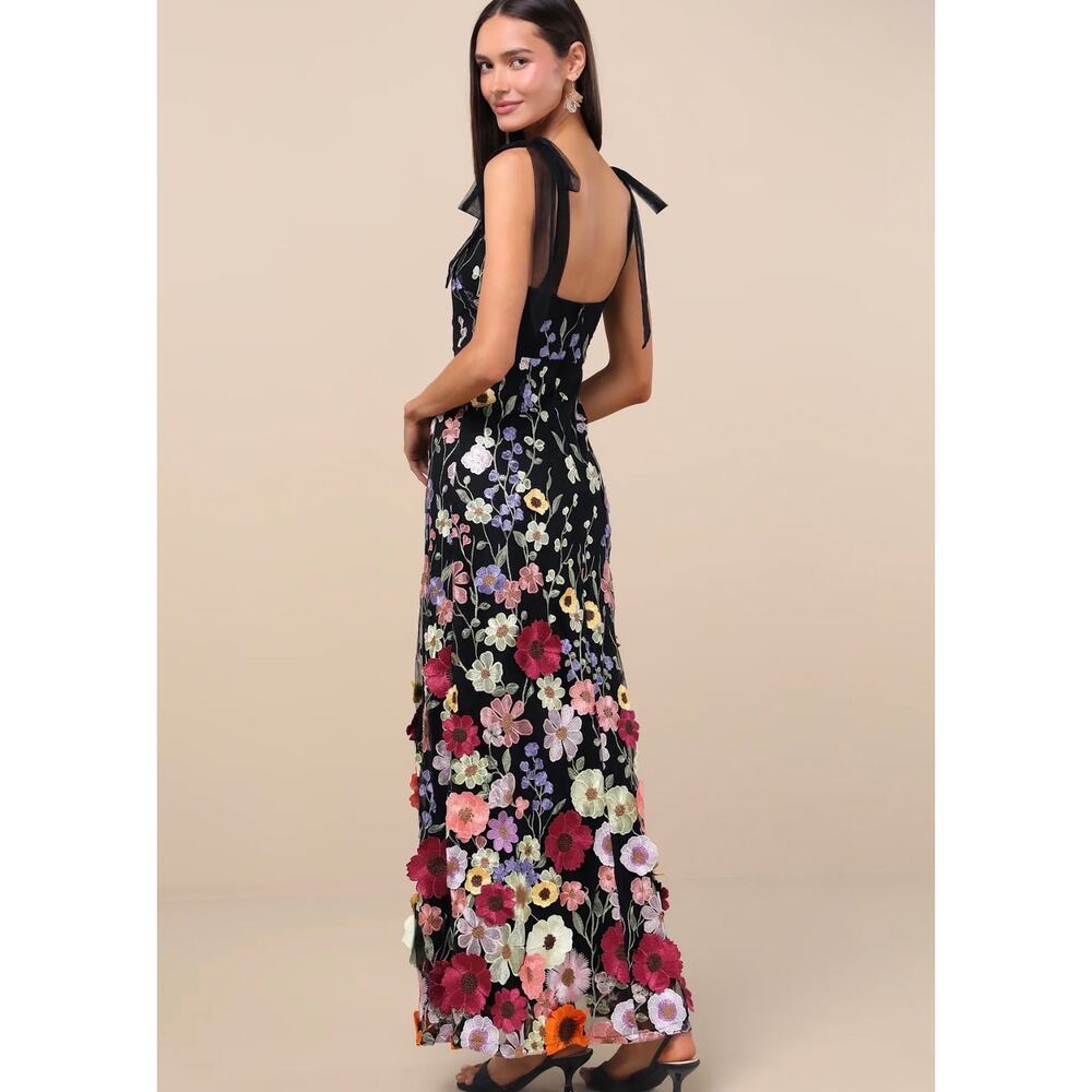 Lulu's Black Midi Dress with Multicolor Floral Appliqué - Picture 2 of 7